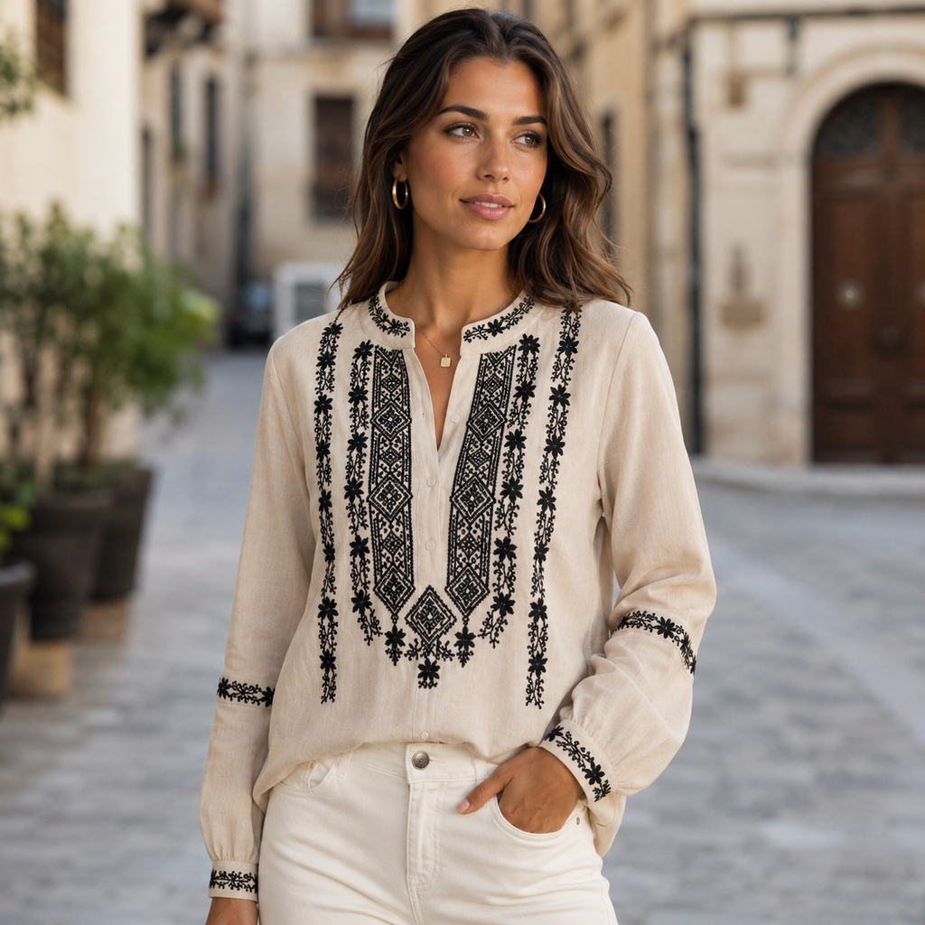 Blusa Folk Bordada en Crepé de Algodón