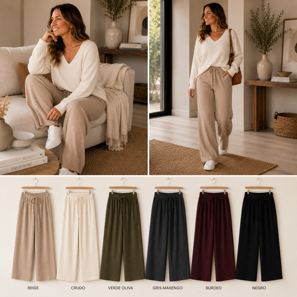 Pantalón Wide Leg Rib Premium Mujer