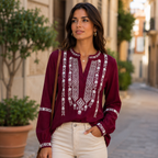 Blusa Folk Bordada en Crepé de Algodón