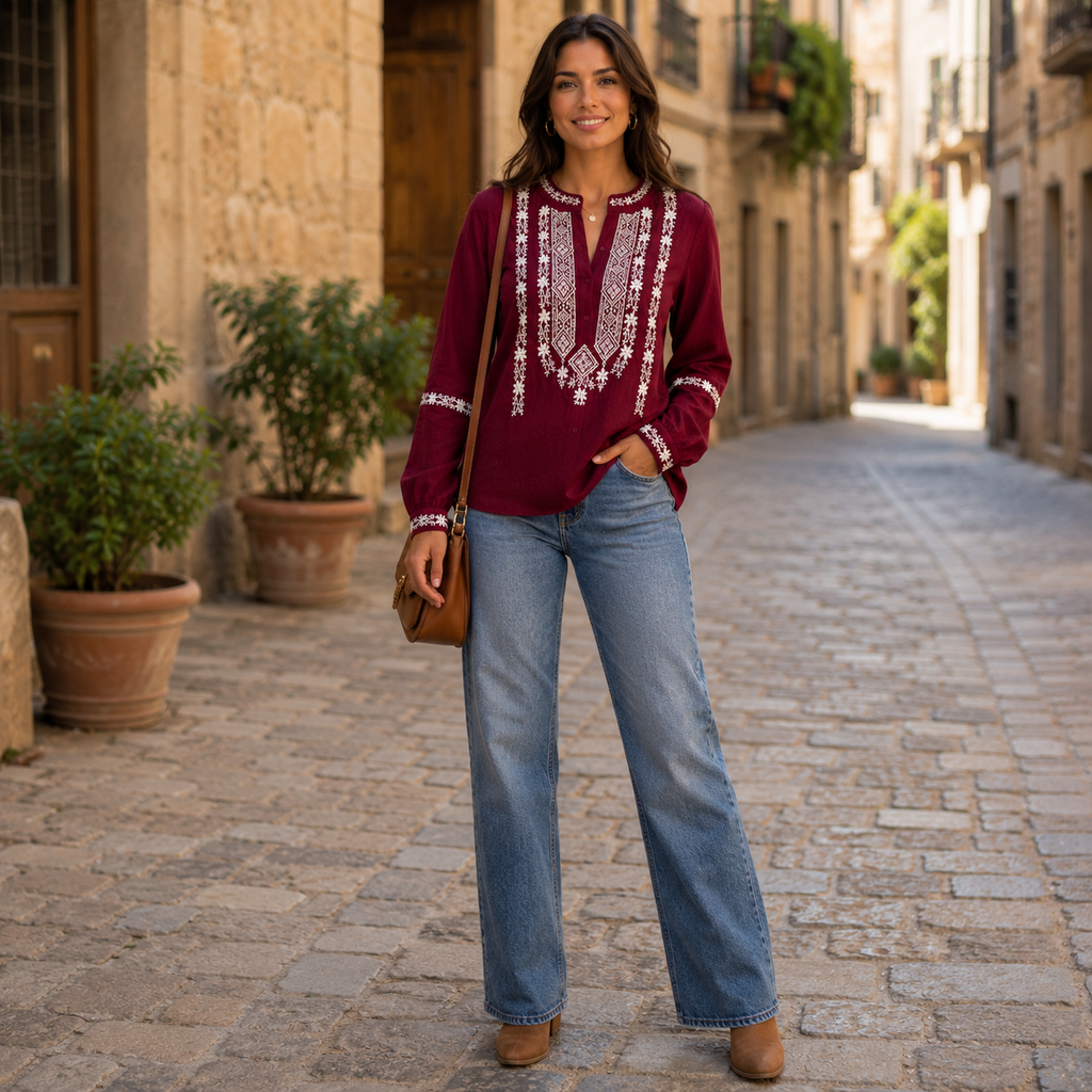 Blusa Folk Bordada en Crepé de Algodón