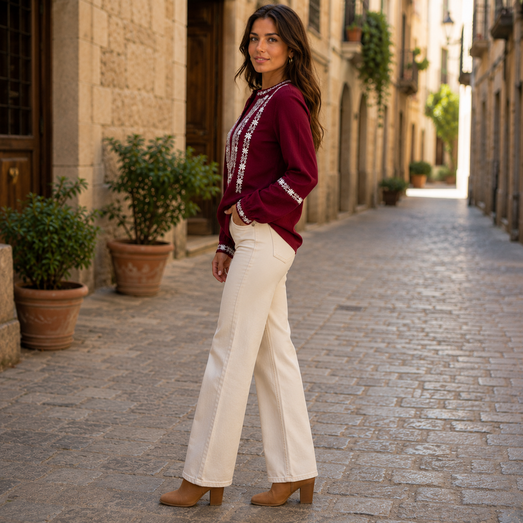 Blusa Folk Bordada en Crepé de Algodón