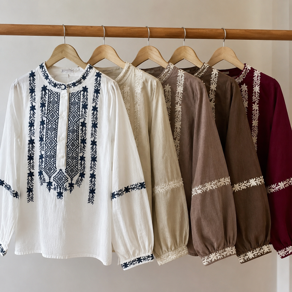 Blusa Folk Bordada en Crepé de Algodón