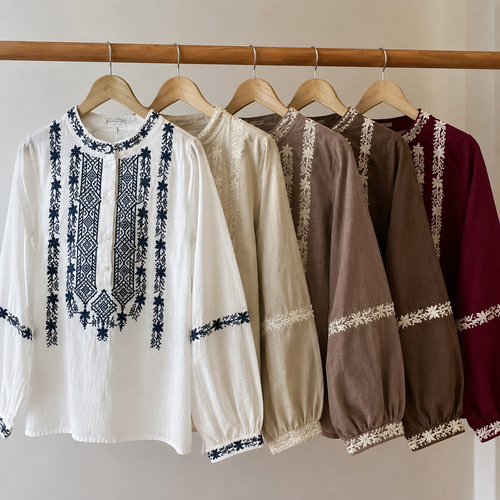 Blusa Folk Bordada en Crepé de Algodón