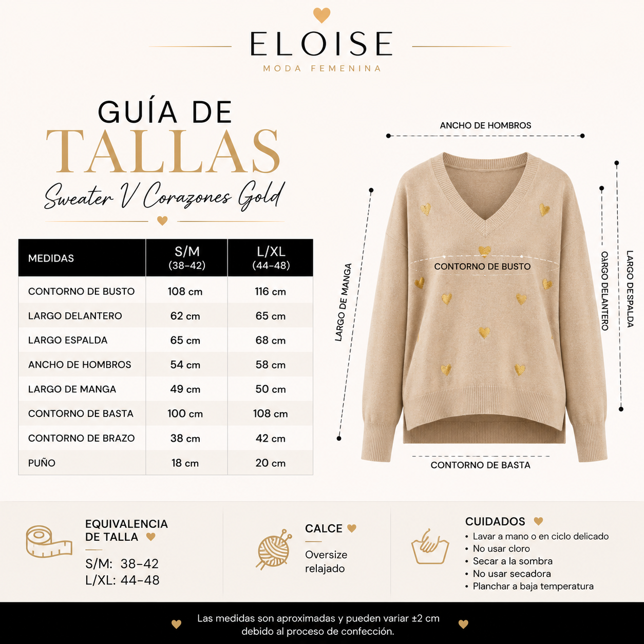 Sweater V Corazones Gold