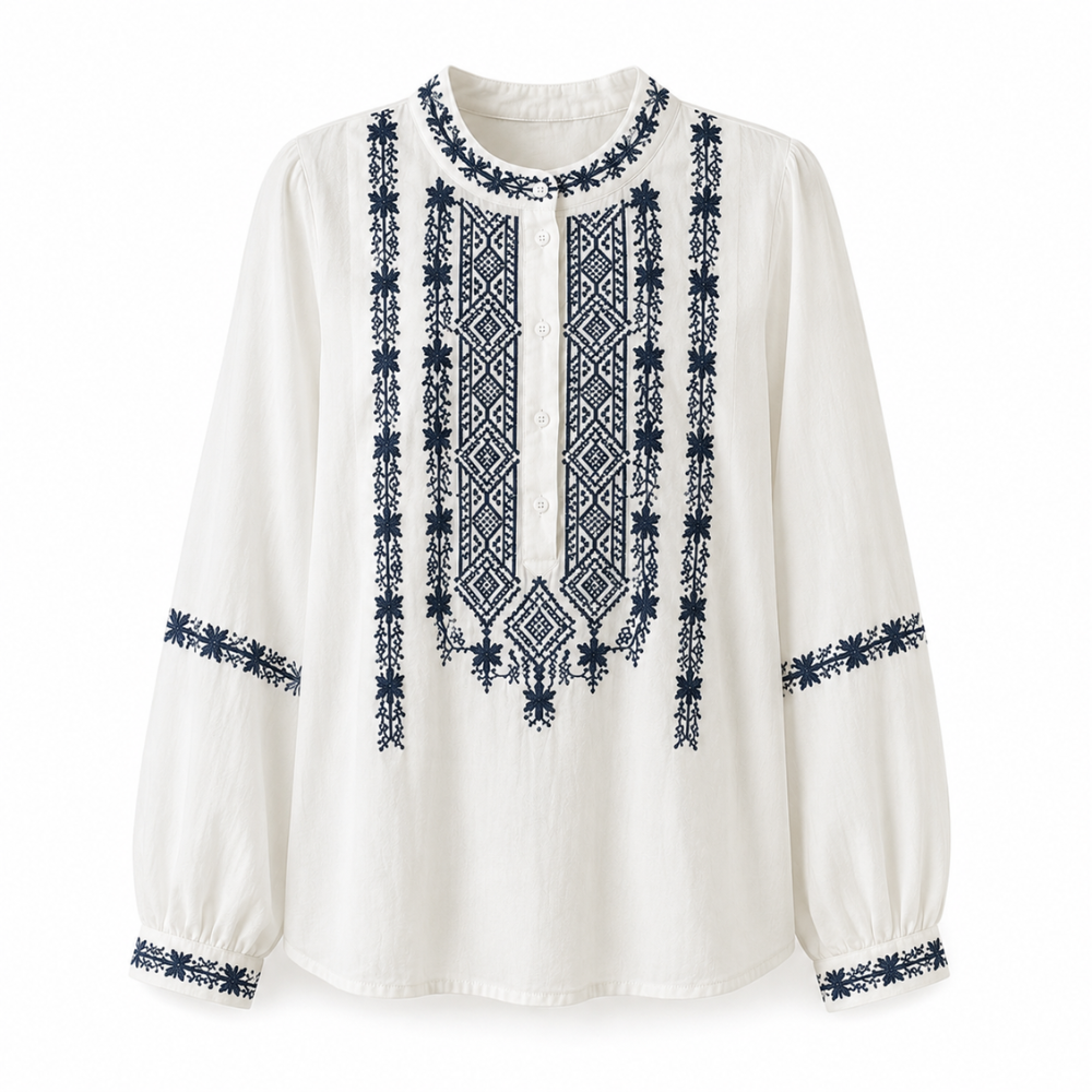 Blusa Folk Bordada en Crepé de Algodón