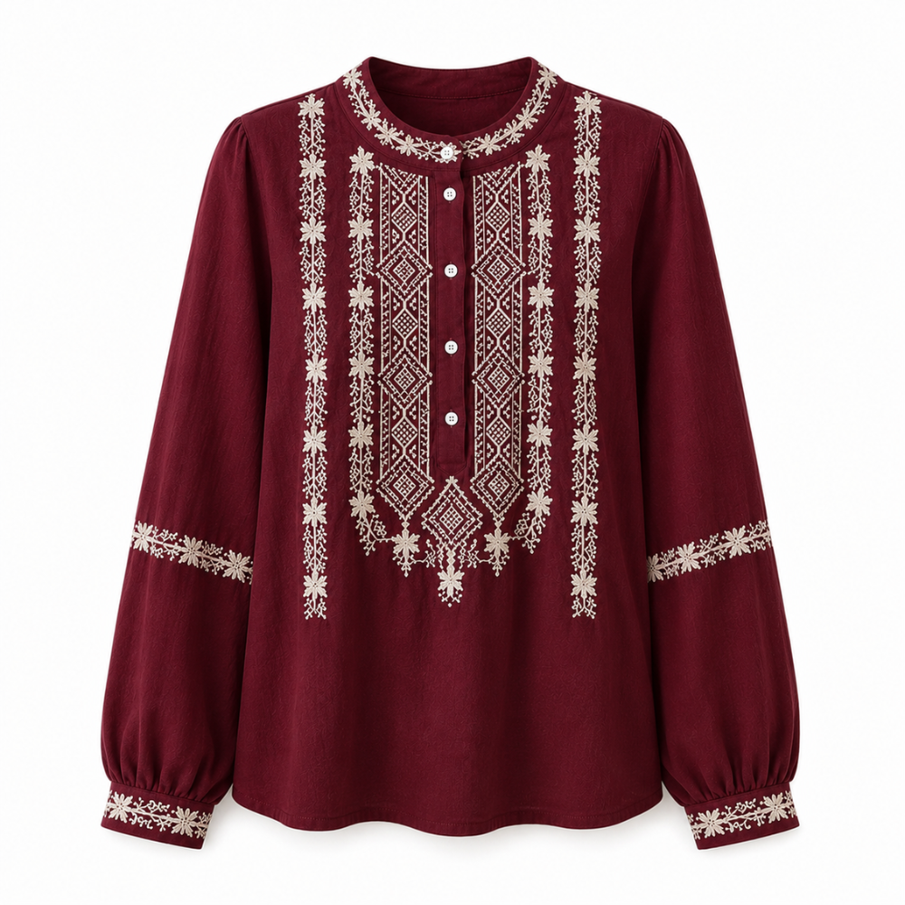 Blusa Folk Bordada en Crepé de Algodón