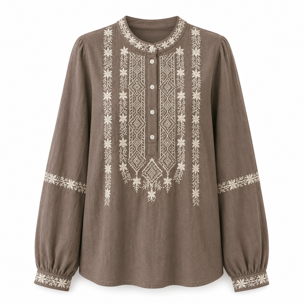 Blusa Folk Bordada en Crepé de Algodón