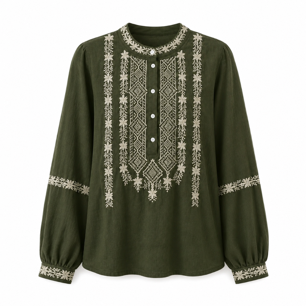 Blusa Folk Bordada en Crepé de Algodón