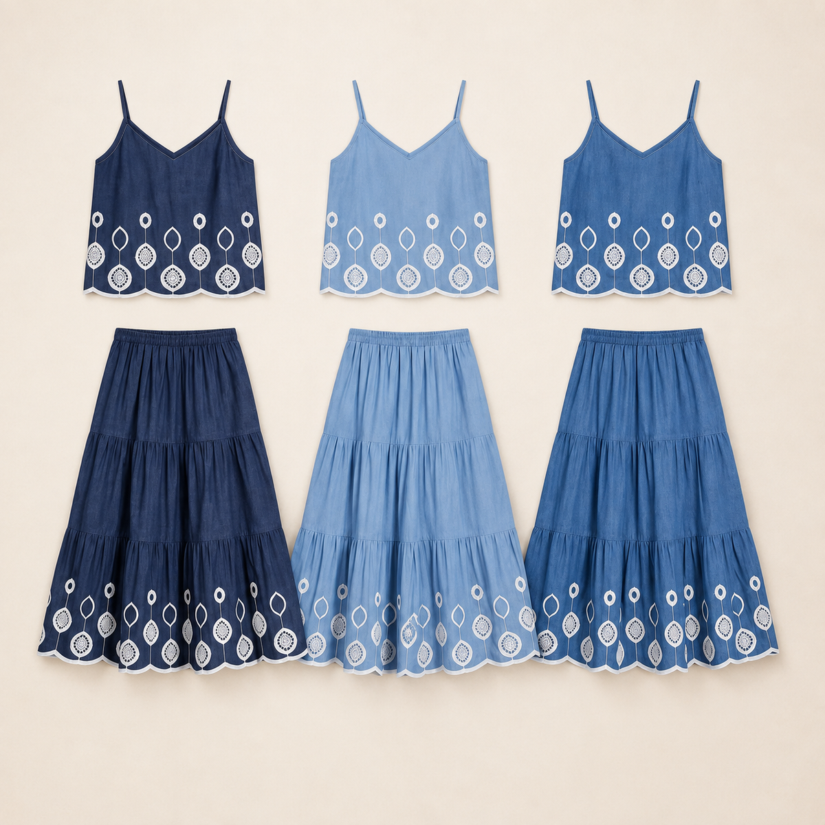 Conjunto Santorini bordado disponible en azul marino, celeste y azul denim ELOISE Riviera