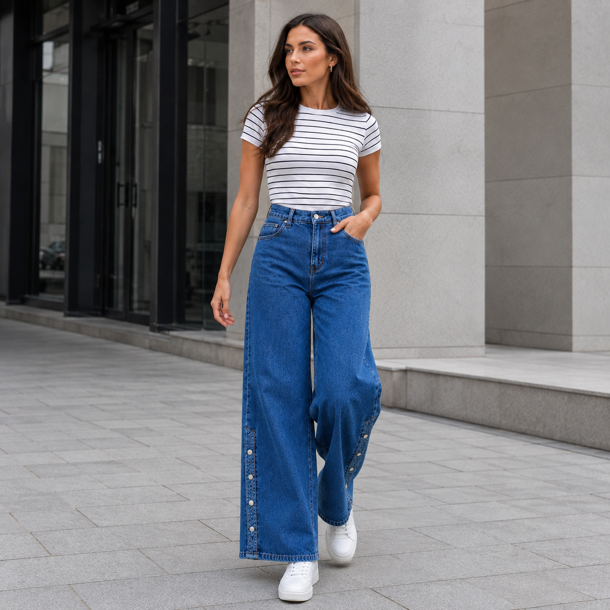 Modelo caminando con jeans palazzo azul rígido con aplicaciones laterales en ambiente urbano