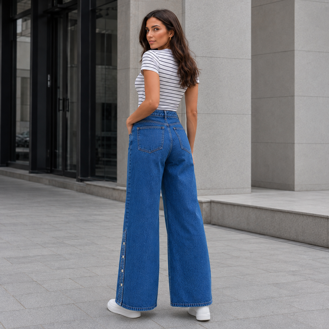 Vista trasera de modelo usando jeans palazzo azul rígido con aplicaciones laterales en ambiente urbano