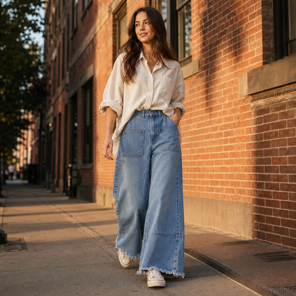 Modelo caminando con Jeans Wide Leg Verona Celeste y camisa cruda en un entorno urbano.