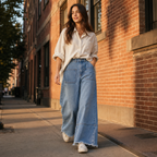 Modelo caminando con Jeans Wide Leg Verona Celeste y camisa cruda en un entorno urbano.
