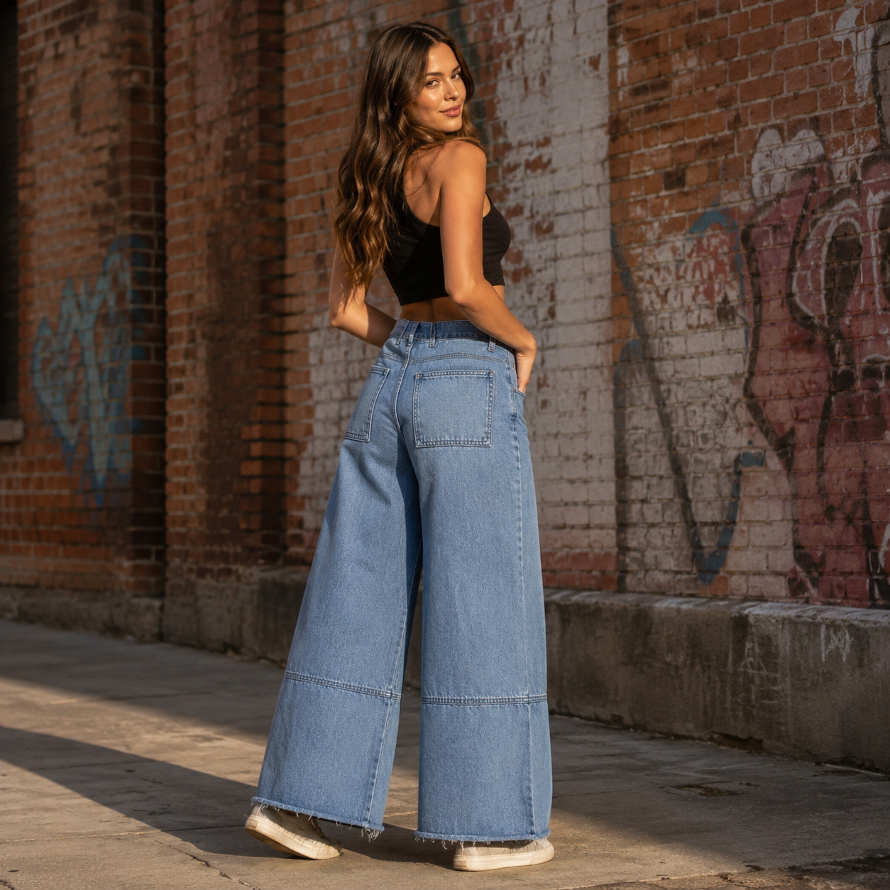 Vista trasera del Jeans Wide Leg Verona Celeste con bolsillos cuadrados y pierna ancha.