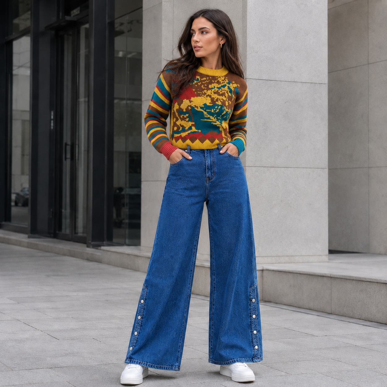 Modelo con chaleco tejido estampado y jeans palazzo azul con aplicaciones laterales ELOISE