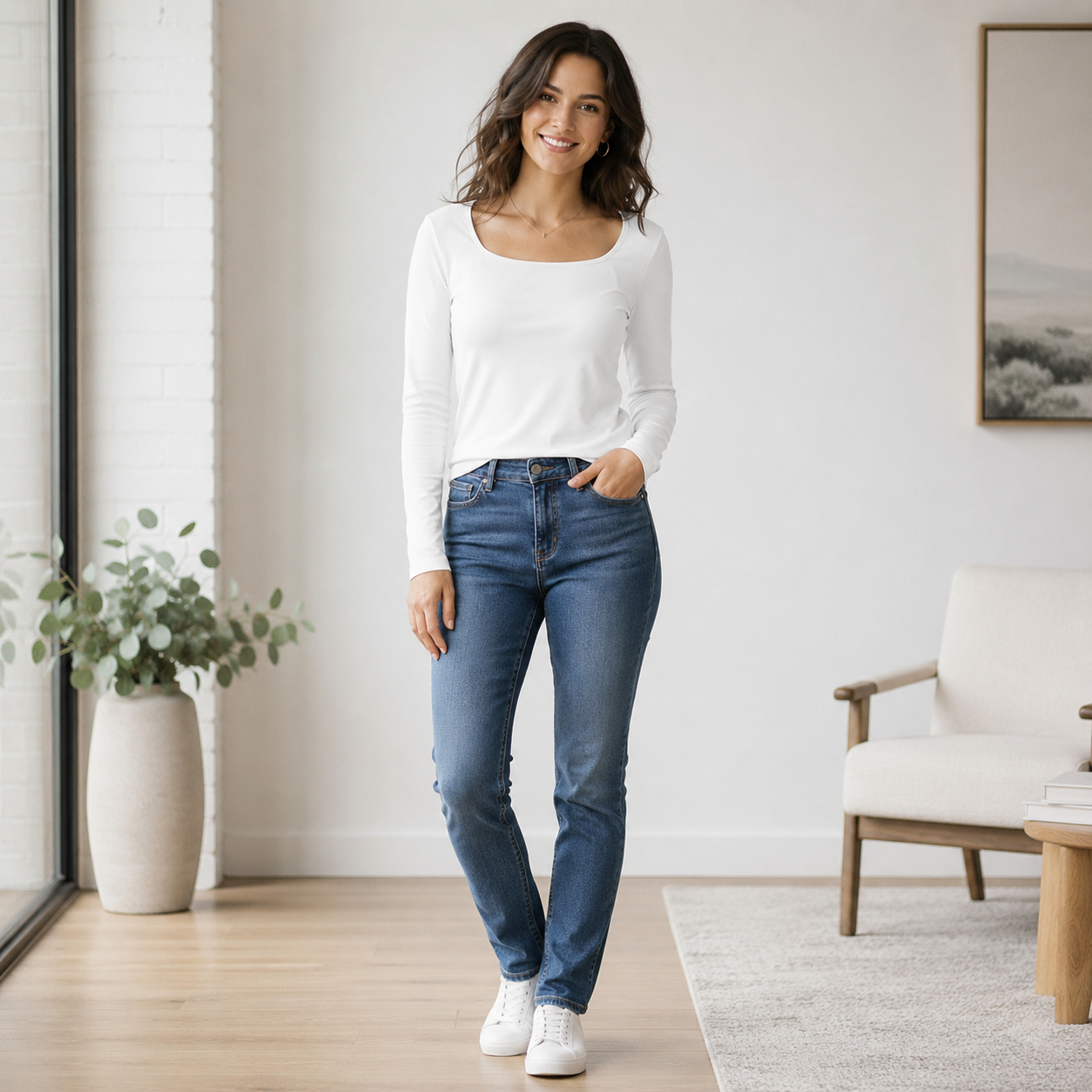 Mujer usando polera Amelia blanca de manga larga con escote cuadrado, cuerpo completo, en fondo casual interior