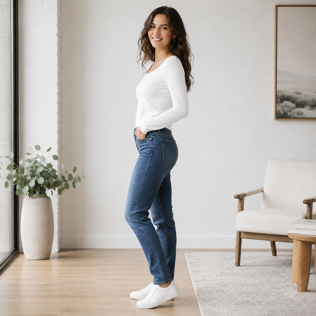 Vista lateral de mujer usando polera Amelia blanca de manga larga con escote cuadrado en ambiente casual