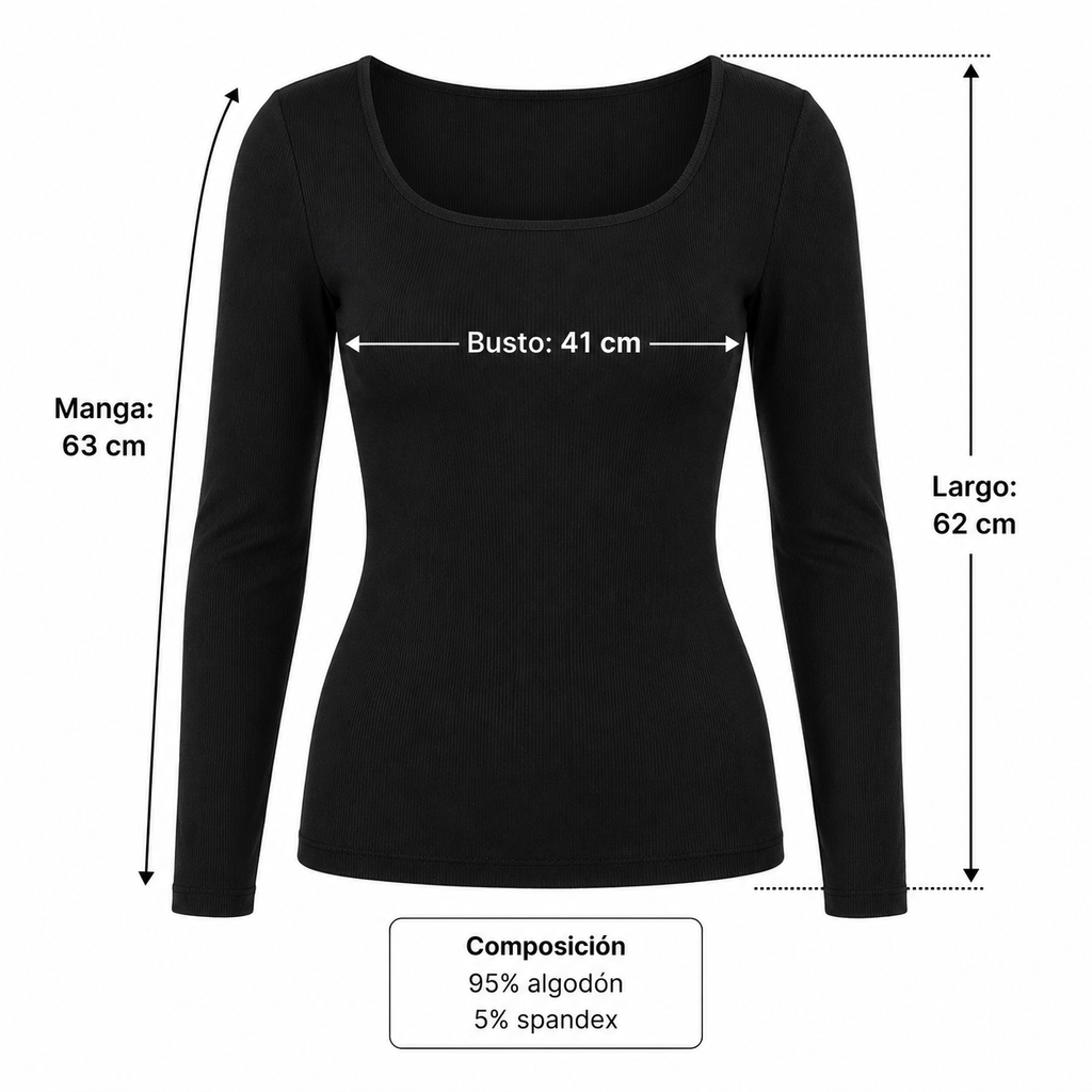 Polera Amelia negra en maniquí fantasma con medidas de busto 41 cm, manga 63 cm, largo 62 cm y composición 95 por ciento algodón y 5 por ciento spandex