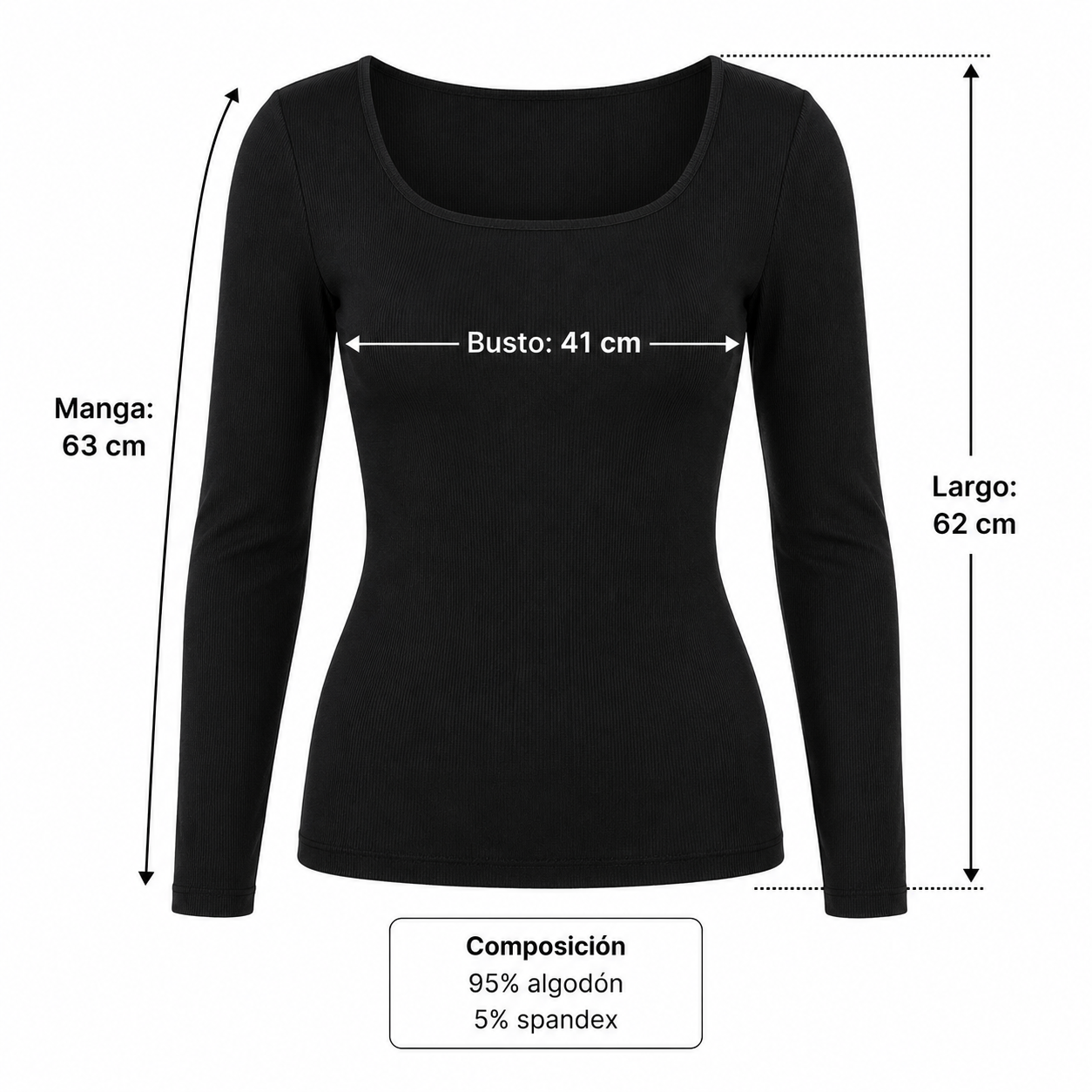 Polera Amelia negra en maniquí fantasma con medidas de busto 41 cm, manga 63 cm, largo 62 cm y composición 95 por ciento algodón y 5 por ciento spandex