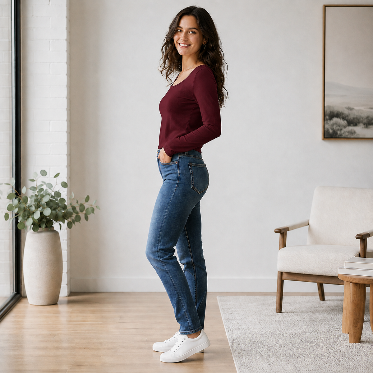 Mujer usando polera burdeo de manga larga ELOISE con jeans