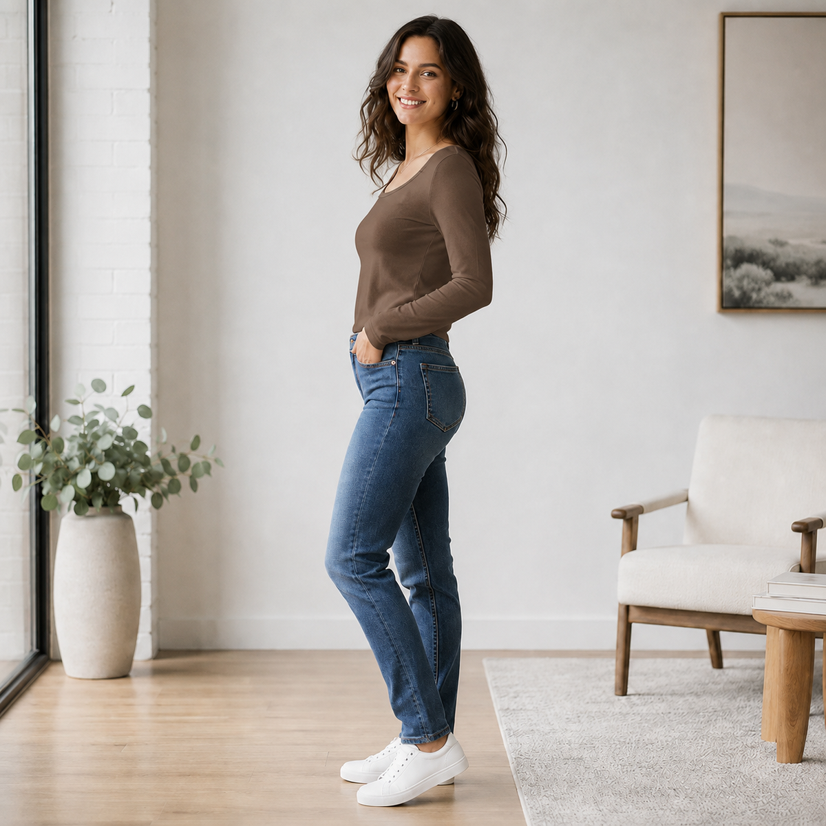 Mujer usando polera café de manga larga ELOISE con jeans