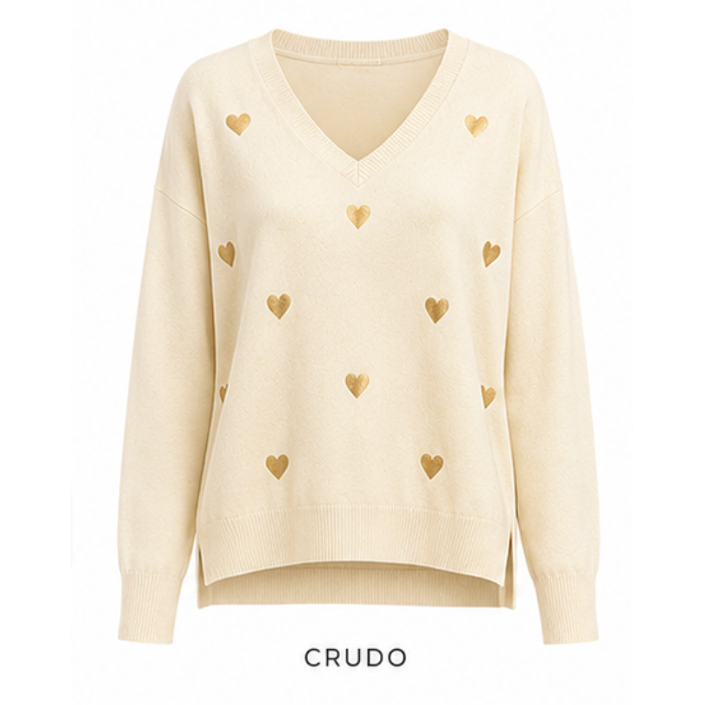 Sweater V Corazones Gold