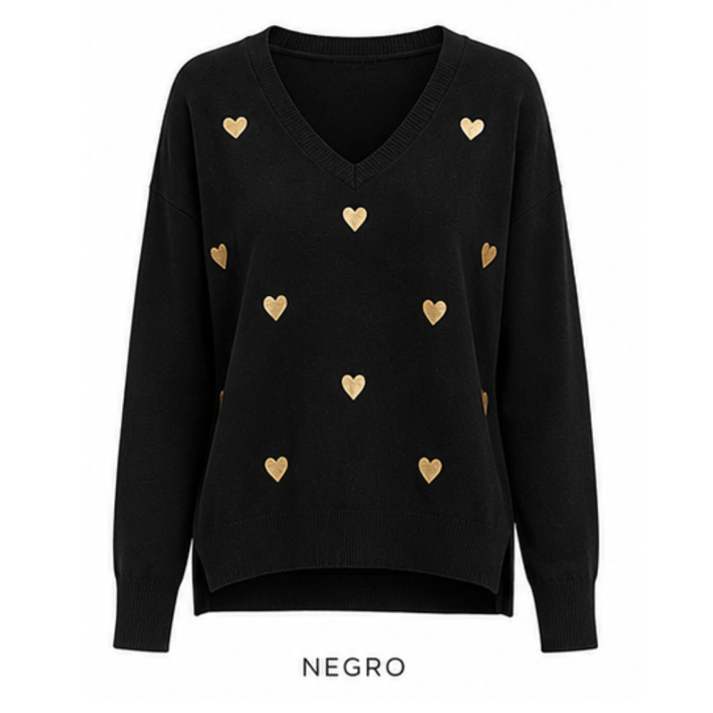 Sweater V Corazones Gold