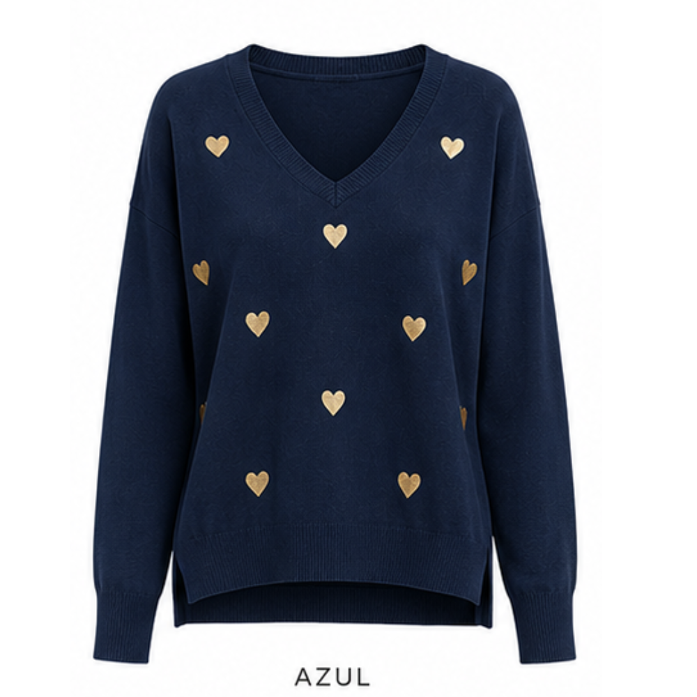 Sweater V Corazones Gold