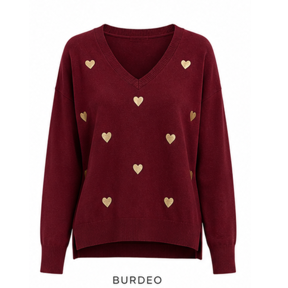 Sweater V Corazones Gold