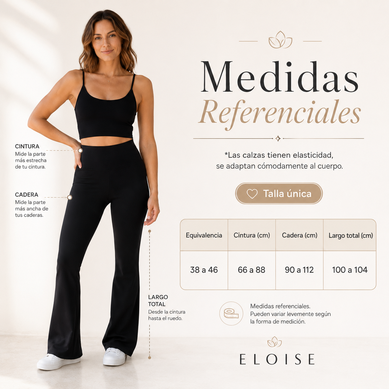 Tabla de medidas de Calza Flare Verona talla única, equivalente del 38 al 46